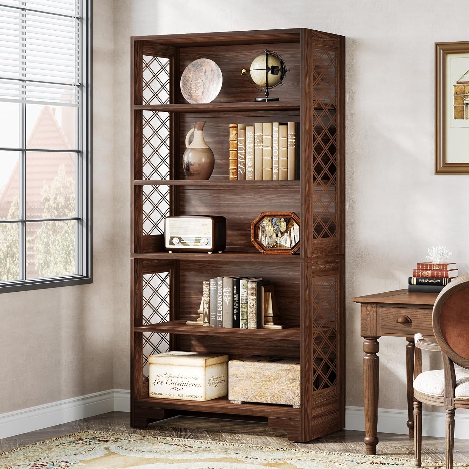 70.8" Mid-Century Bookcase - 6-Tier Vintage Display Shelf for Living Room & Home Office
