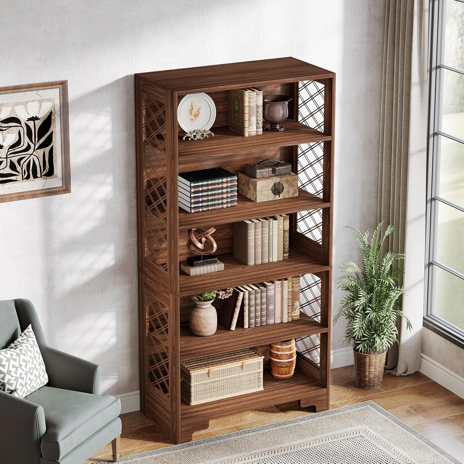70.8" Mid-Century Bookcase - 6-Tier Vintage Display Shelf for Living Room & Home Office