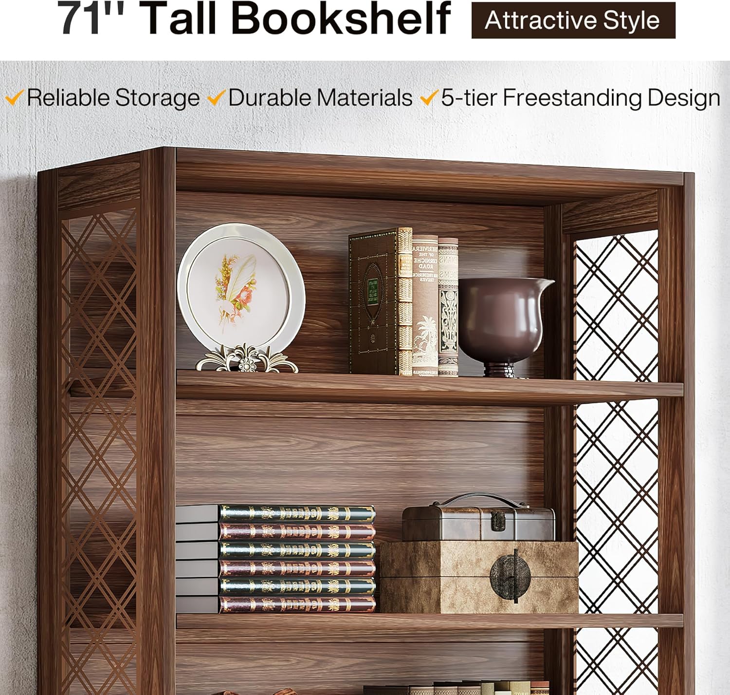 70.8" Mid-Century Bookcase - 6-Tier Vintage Display Shelf for Living Room & Home Office