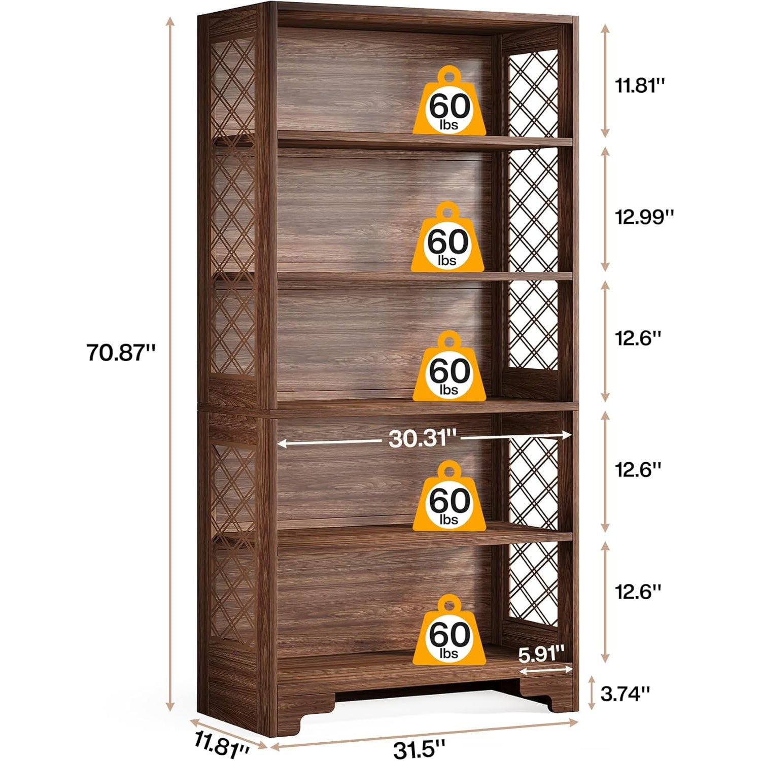 70.8" Mid-Century Bookcase - 6-Tier Vintage Display Shelf for Living Room & Home Office