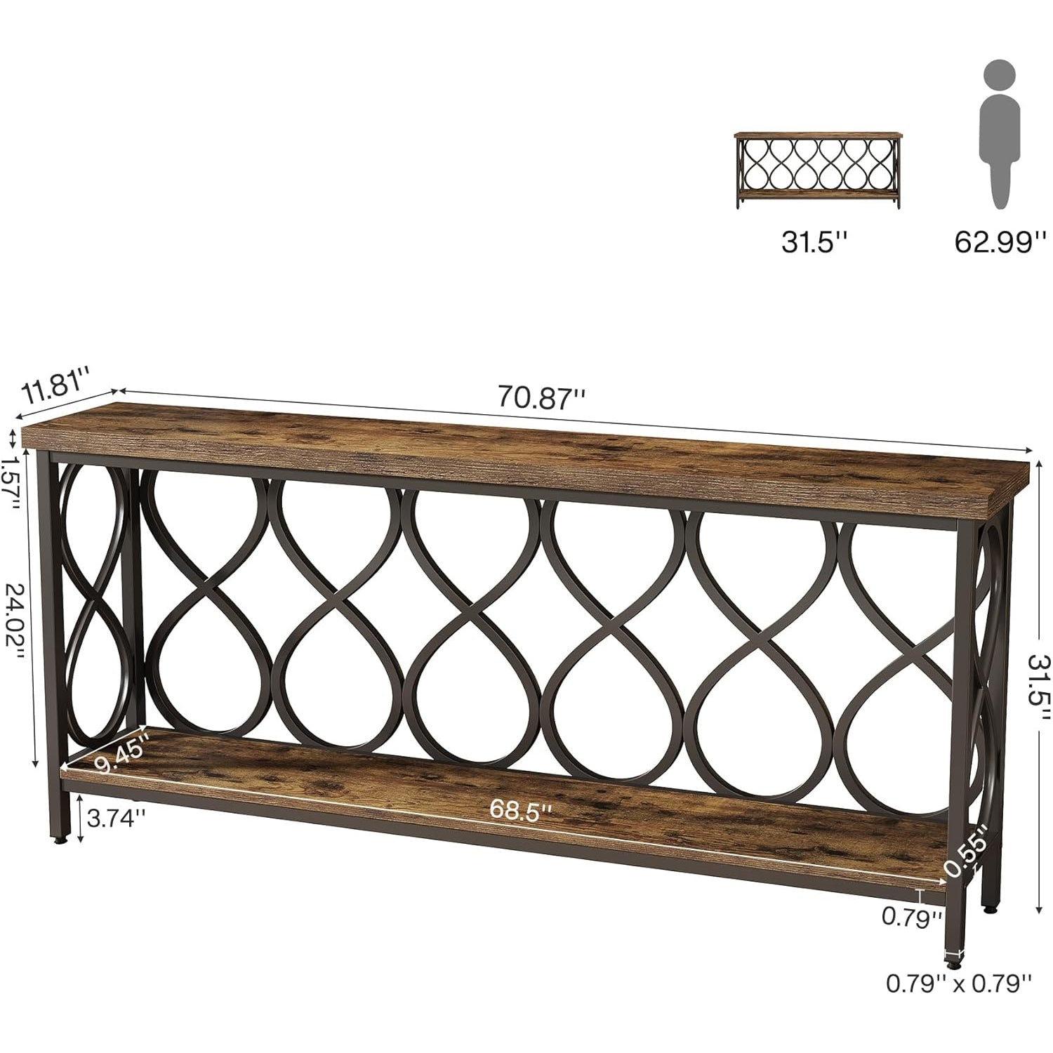 70.9" Industrial Console Table - 2-Tier Sofa Table for Entryway & Living Room