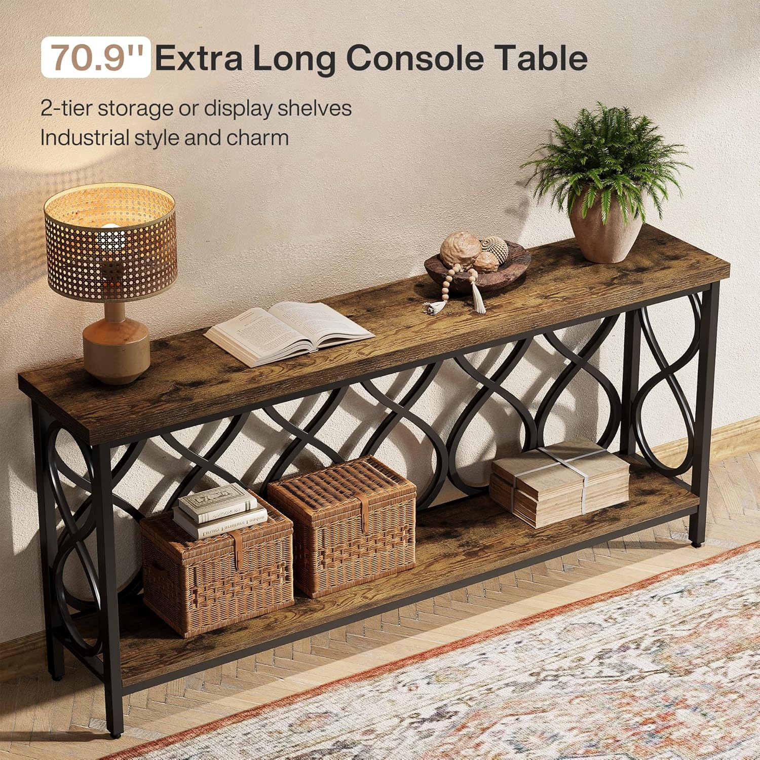 70.9" Industrial Console Table - 2-Tier Sofa Table for Entryway & Living Room