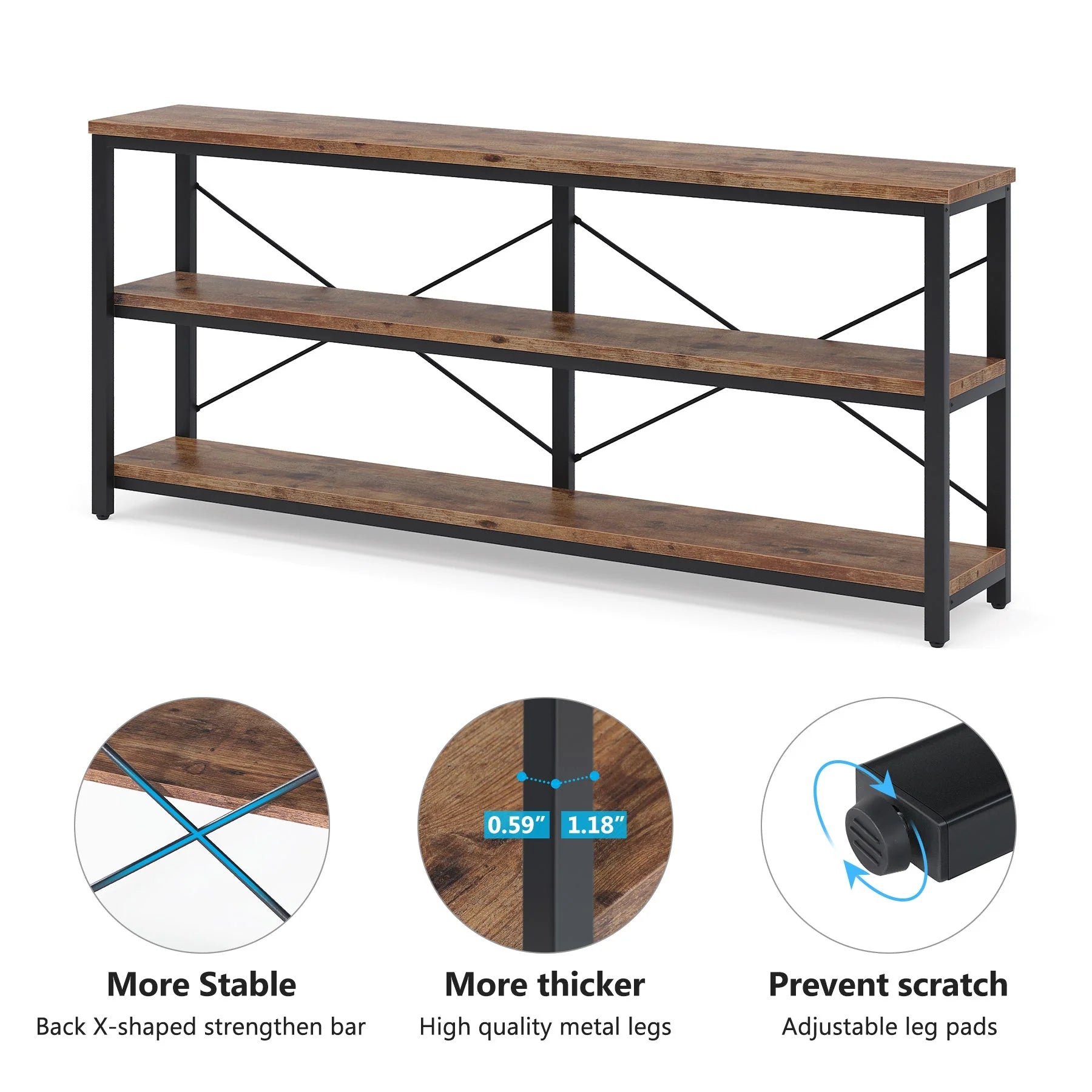 70.9" Console Table, 3-Tier Sofa Table with Metal Frame
