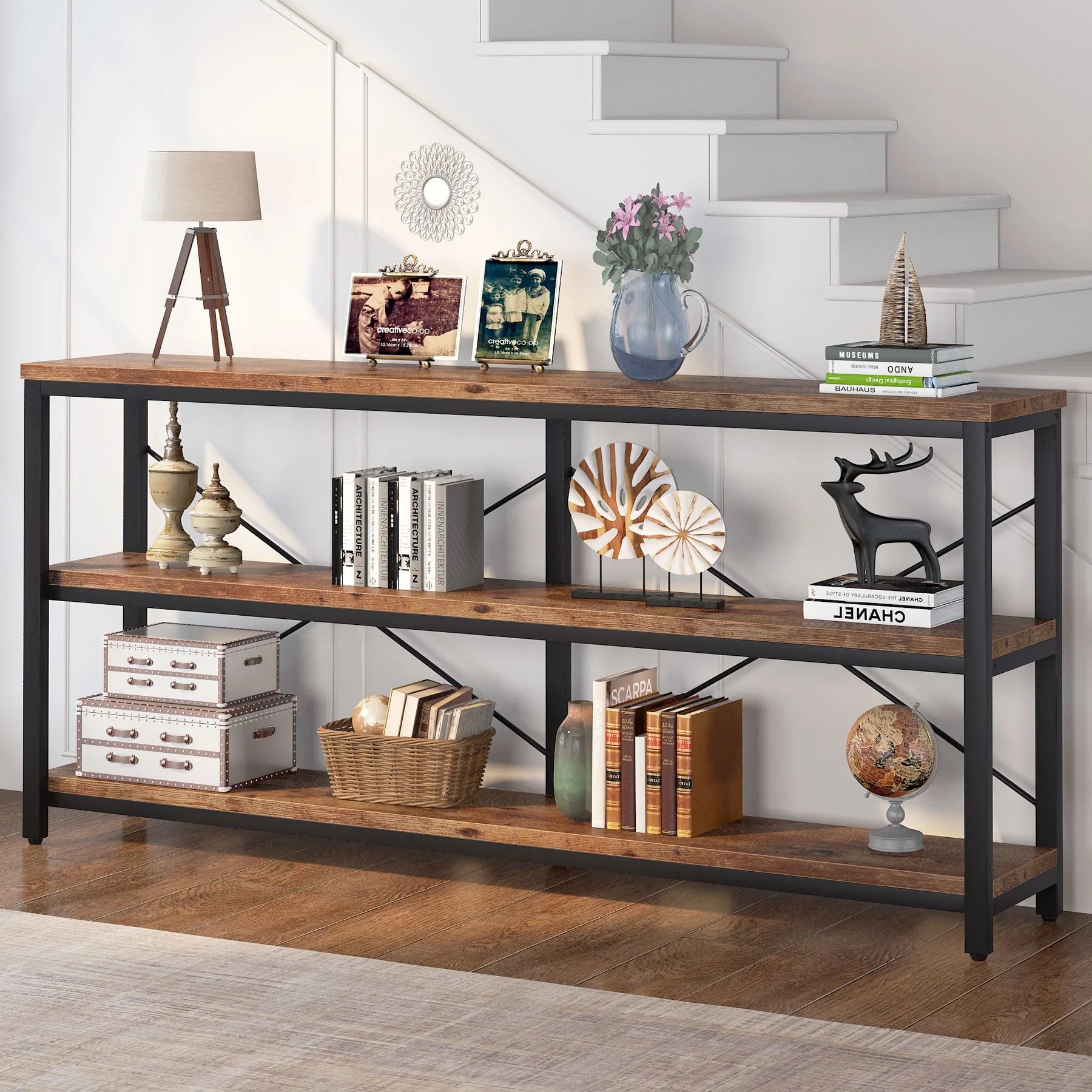 70.9" Console Table, 3-Tier Sofa Table with Metal Frame