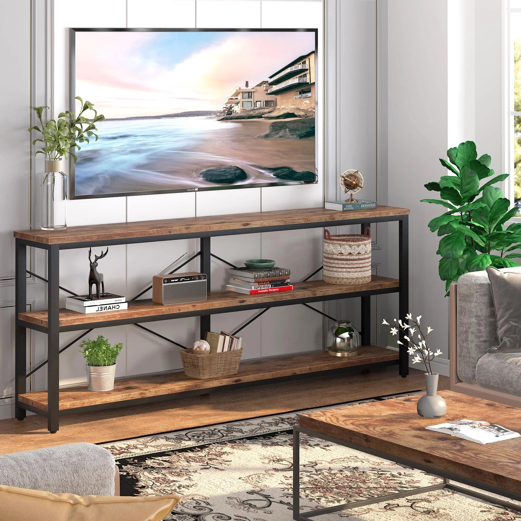 70.9" Console Table, 3-Tier Sofa Table with Metal Frame