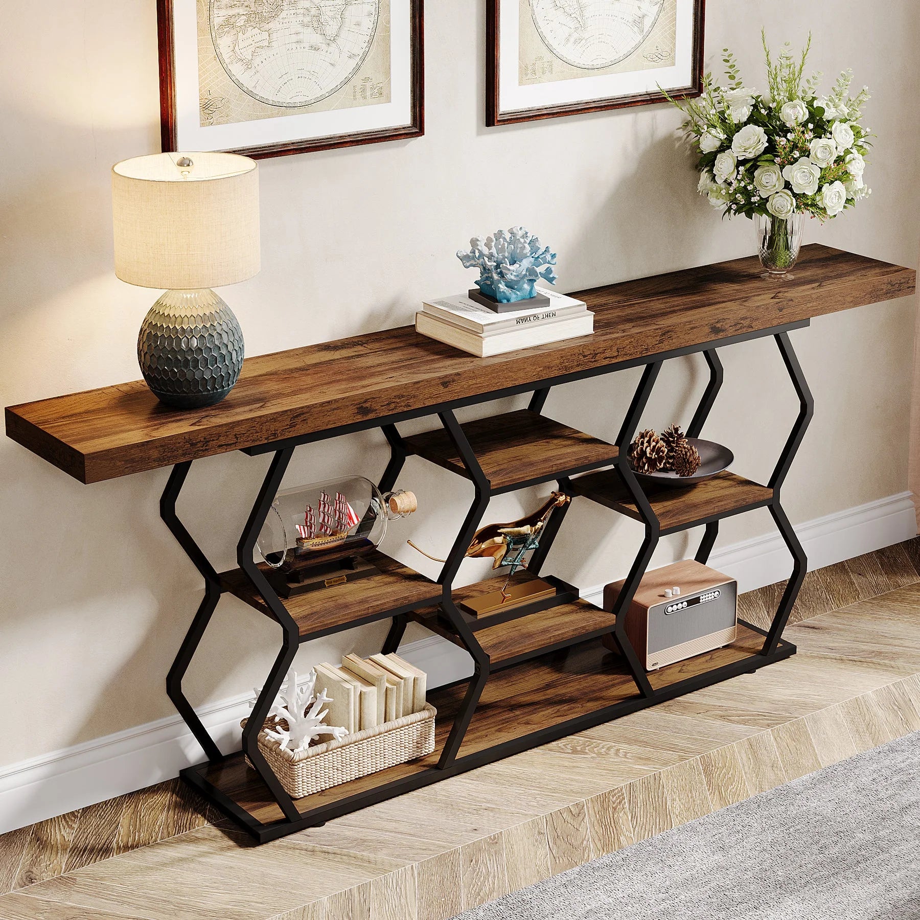 70.9" Console Table, Long Sofa Table with Storage Shelves