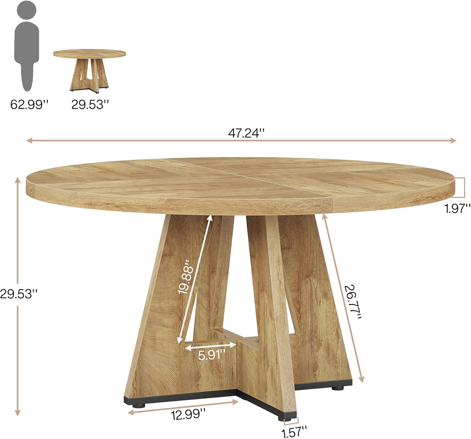 47-Inch Round Dining Table - Wood Kitchen Table for Dining Room and Living Room