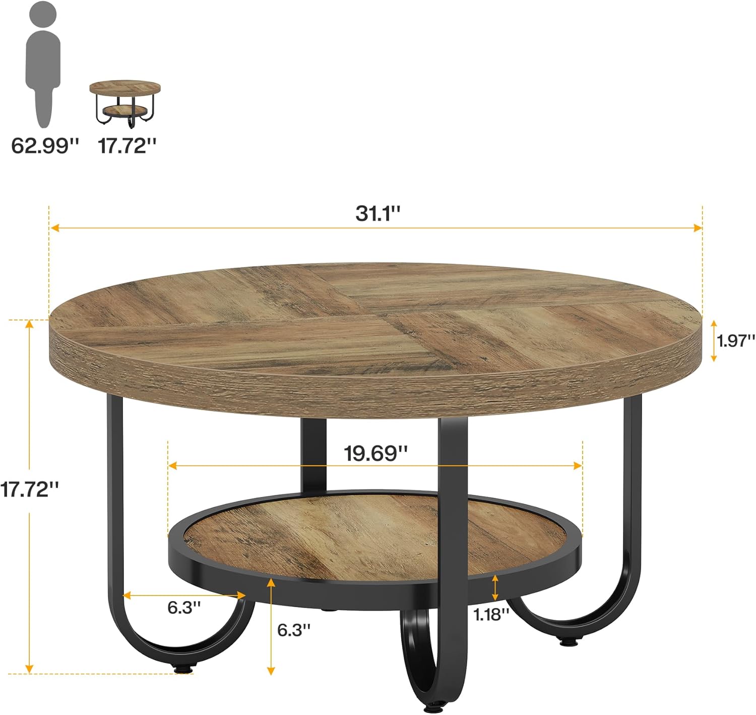 2-Tier Round Coffee Table with Storage, 31.1-Inch Center Cocktail Table