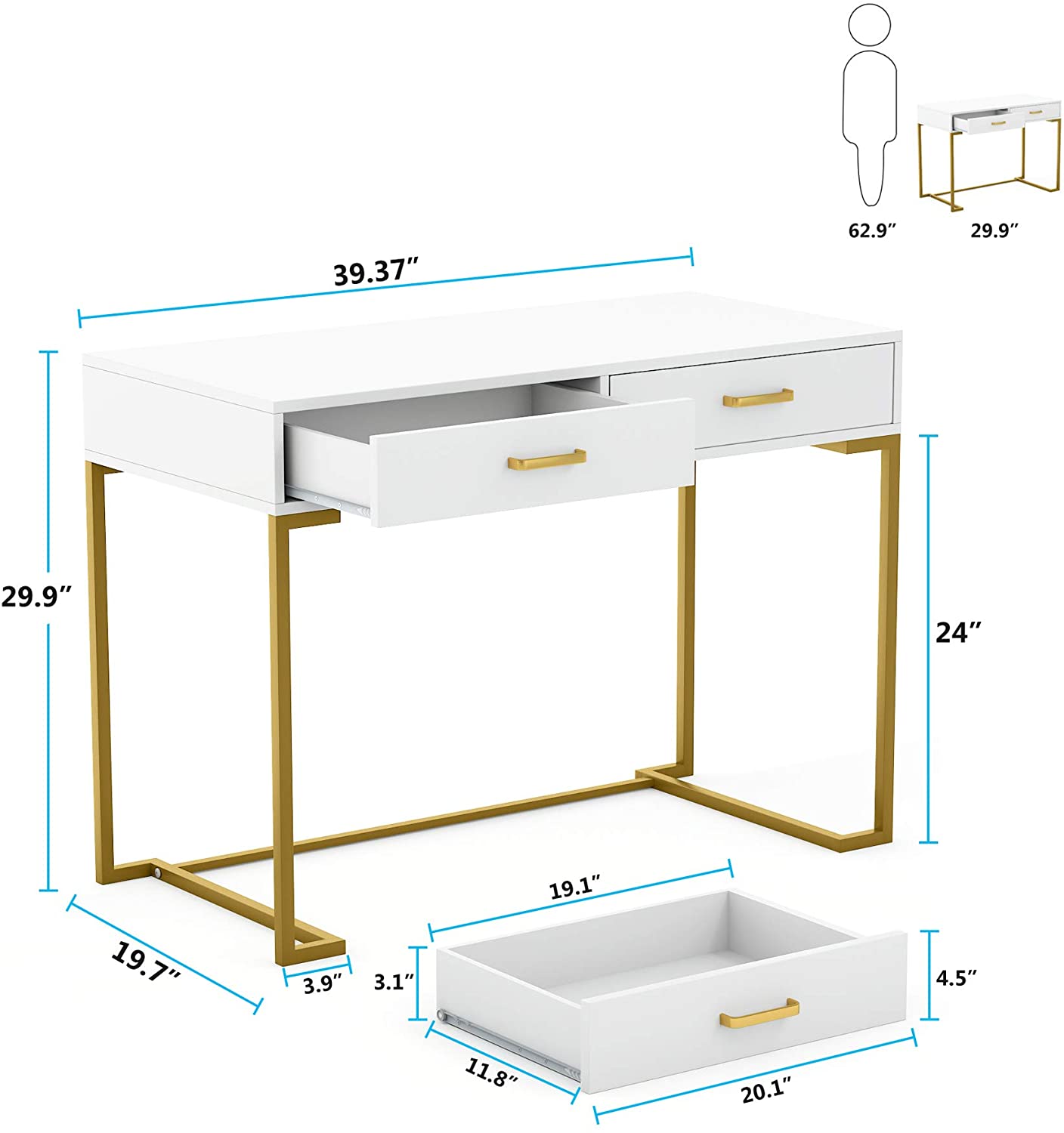 39" Computer Desk with Drawers, Modern Writing Desk Study Desk Tribesigns