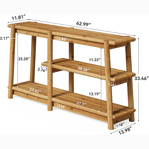 Solid Wood Console Table 63", Three-Tier Farmhouse Sofa Table with Storage