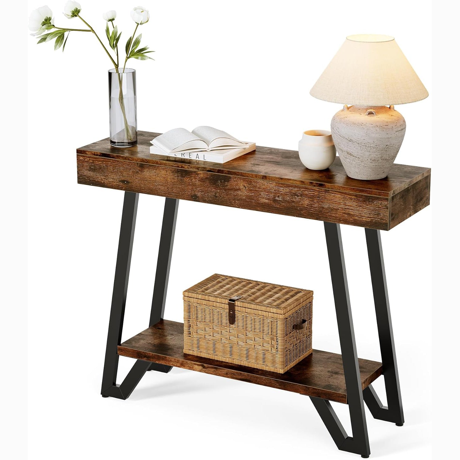 41" Rustic Industrial Console Table with Metal Frame, 2-Tier Storage Shelf for Entryway & Living Room