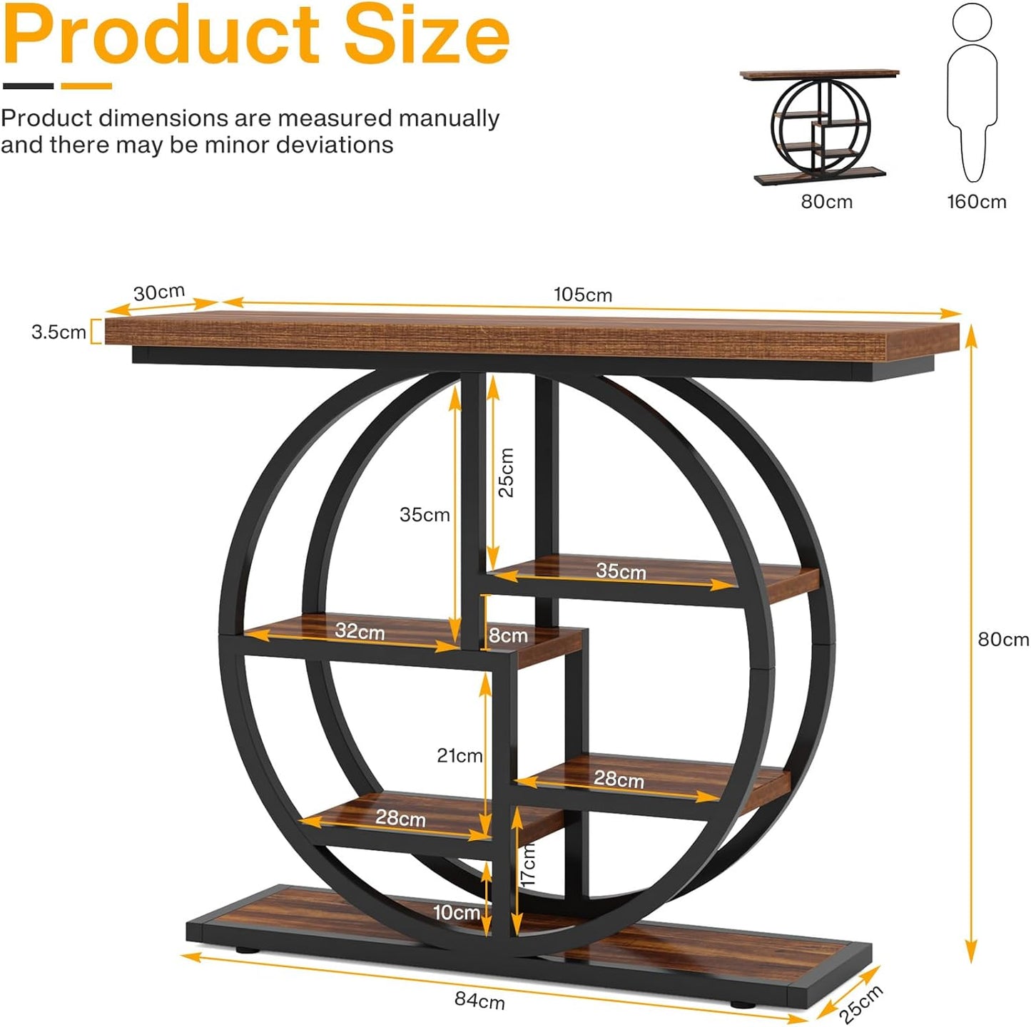 Tribesigns Industrial Console Table - 105cm Narrow 6-Tier Sofa Entryway Table with Circle Base, Storage Shelves