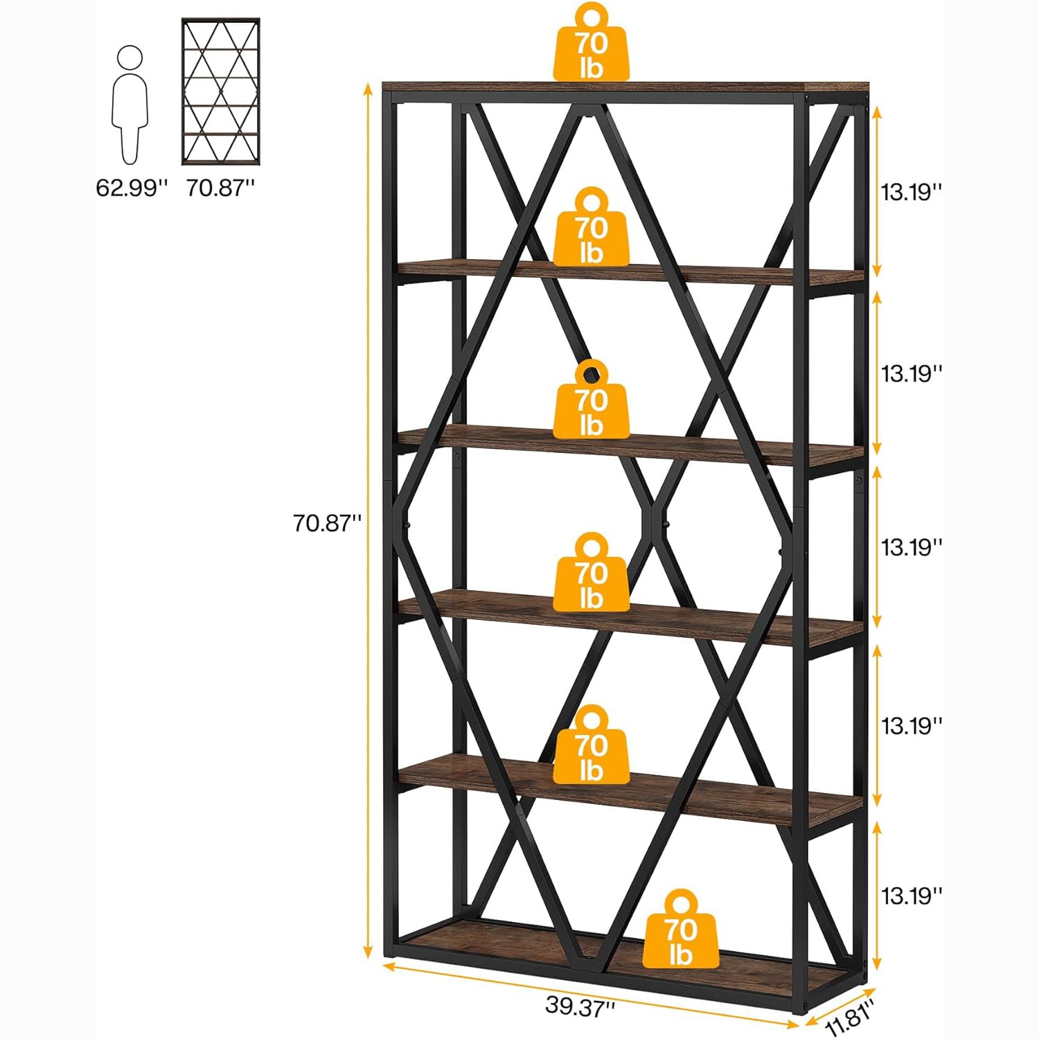 71" Bookshelf, Freestanding 6-Tier Bookcase Etagere Display Shelf