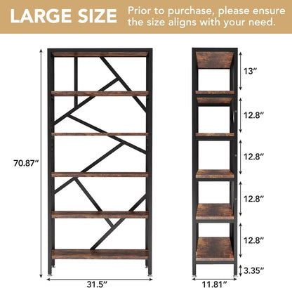 71" Bookshelf, Industrial Etagere Bookcase 6 Shelf Display Rack