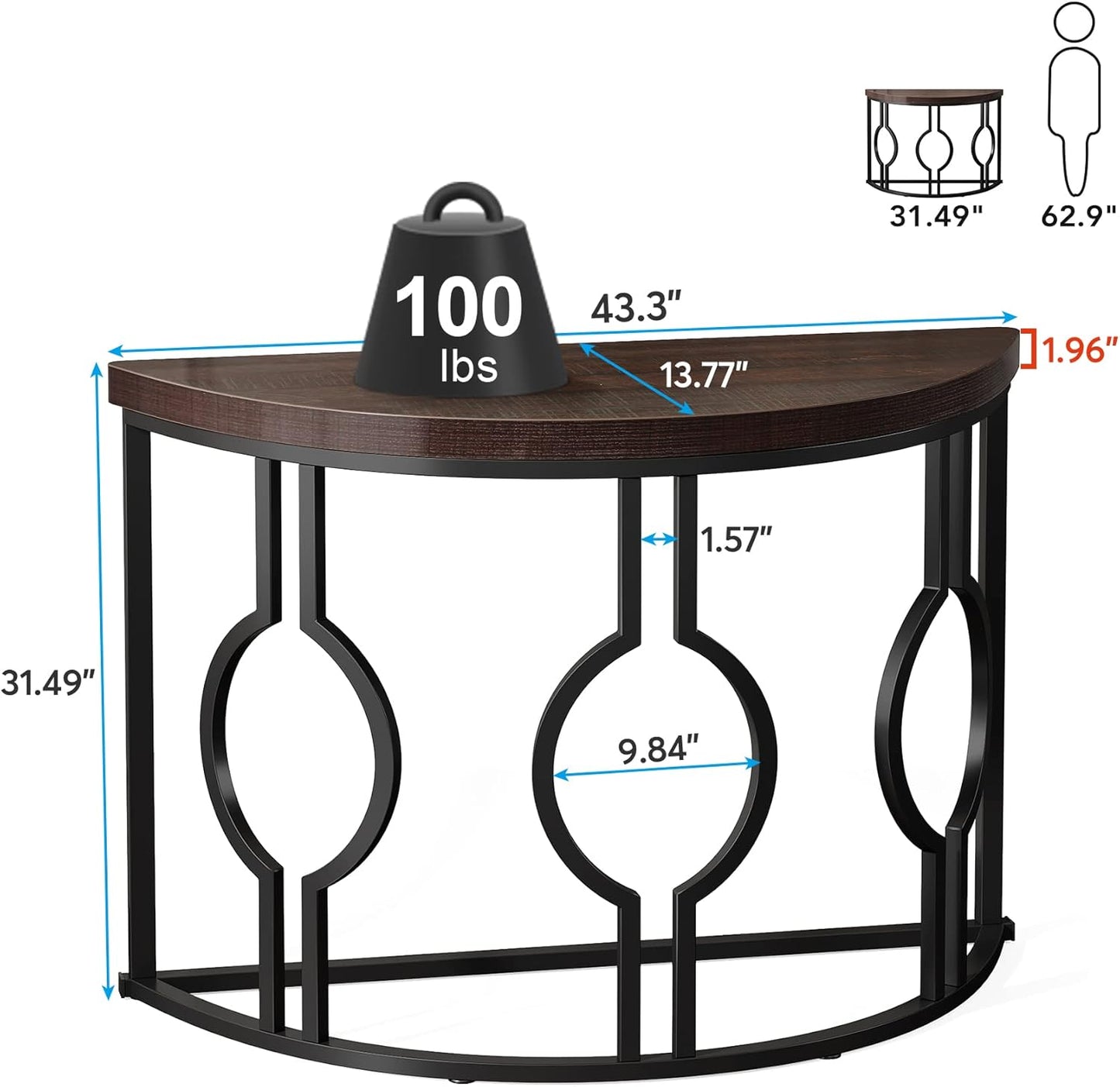 43" Industrial Half Moon Console Table, Accent Sofa Table