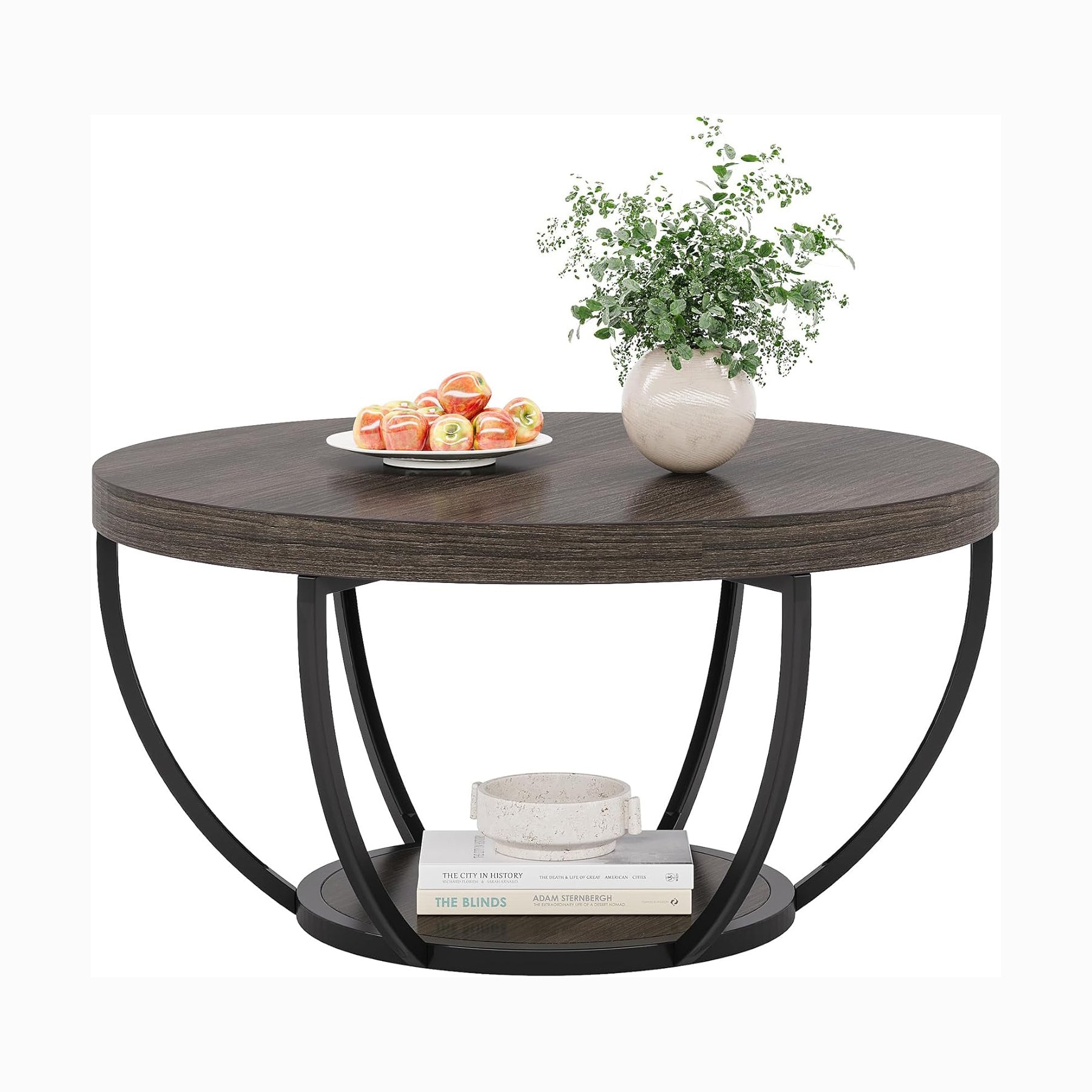 Round Wooden Coffee Table with 2-Tier Shelves