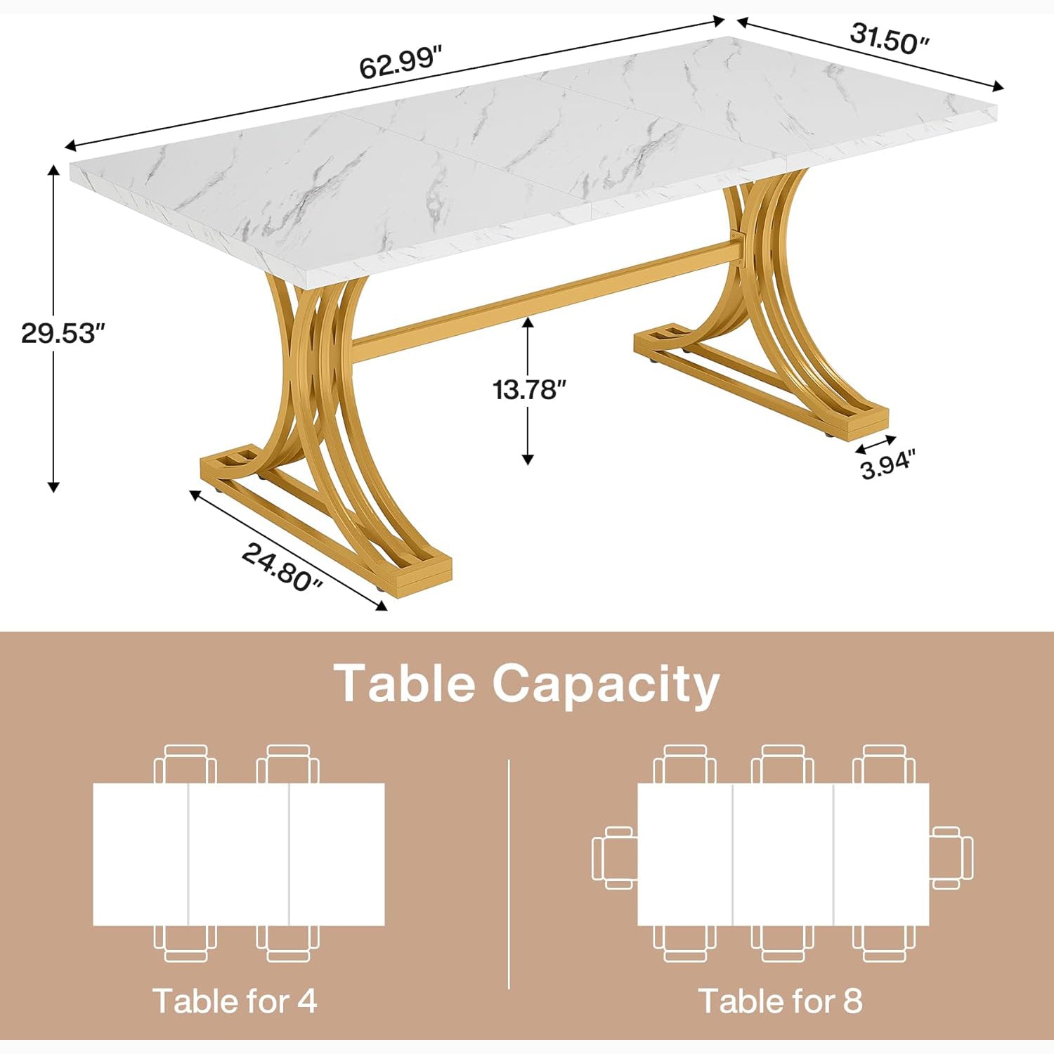 63" Faux Marble Dining Table, Sophisticated White and Gold Design with Metal Legs, Seats Six.