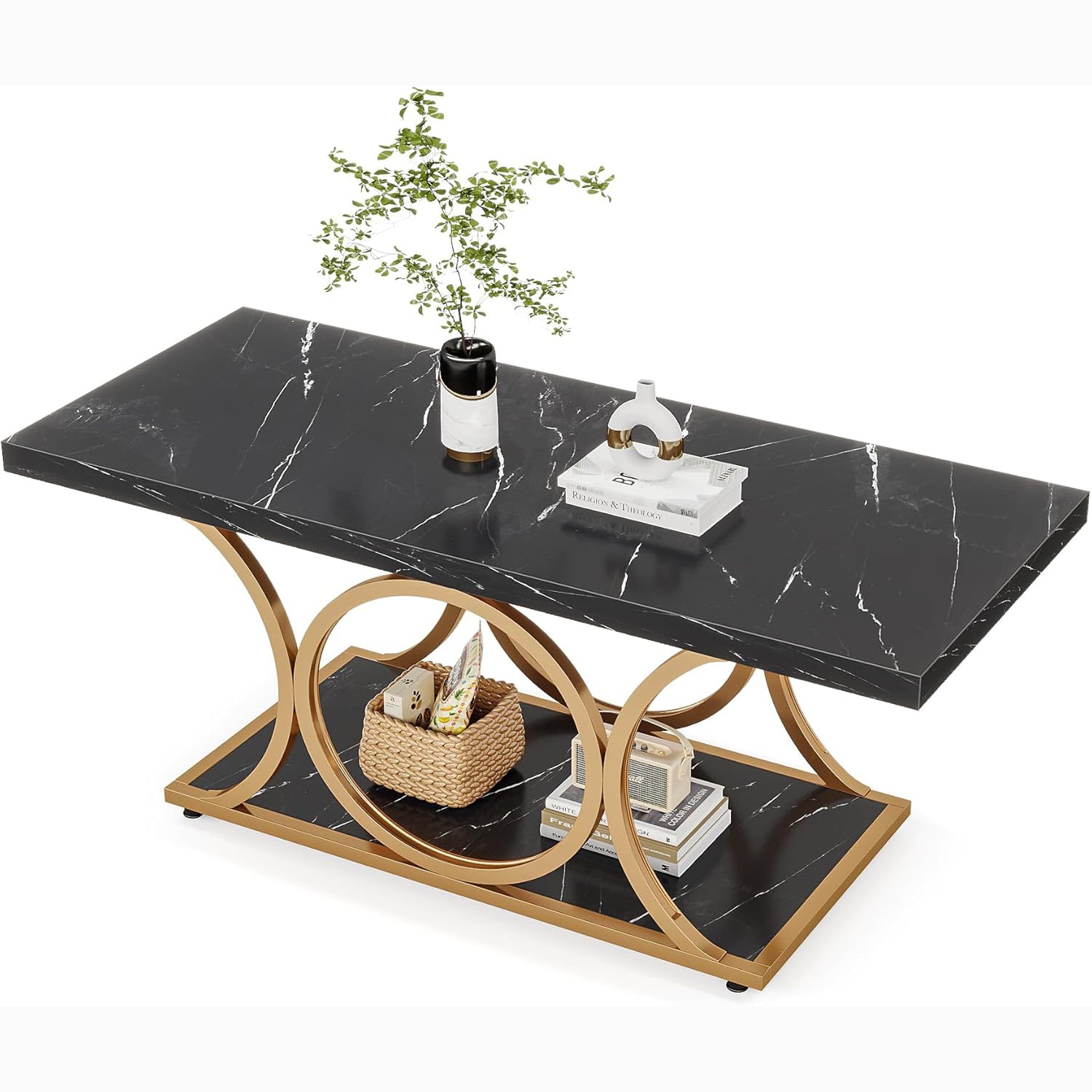 Rectangle Coffee Table, 47.24" Center Table with Faux Marble Top