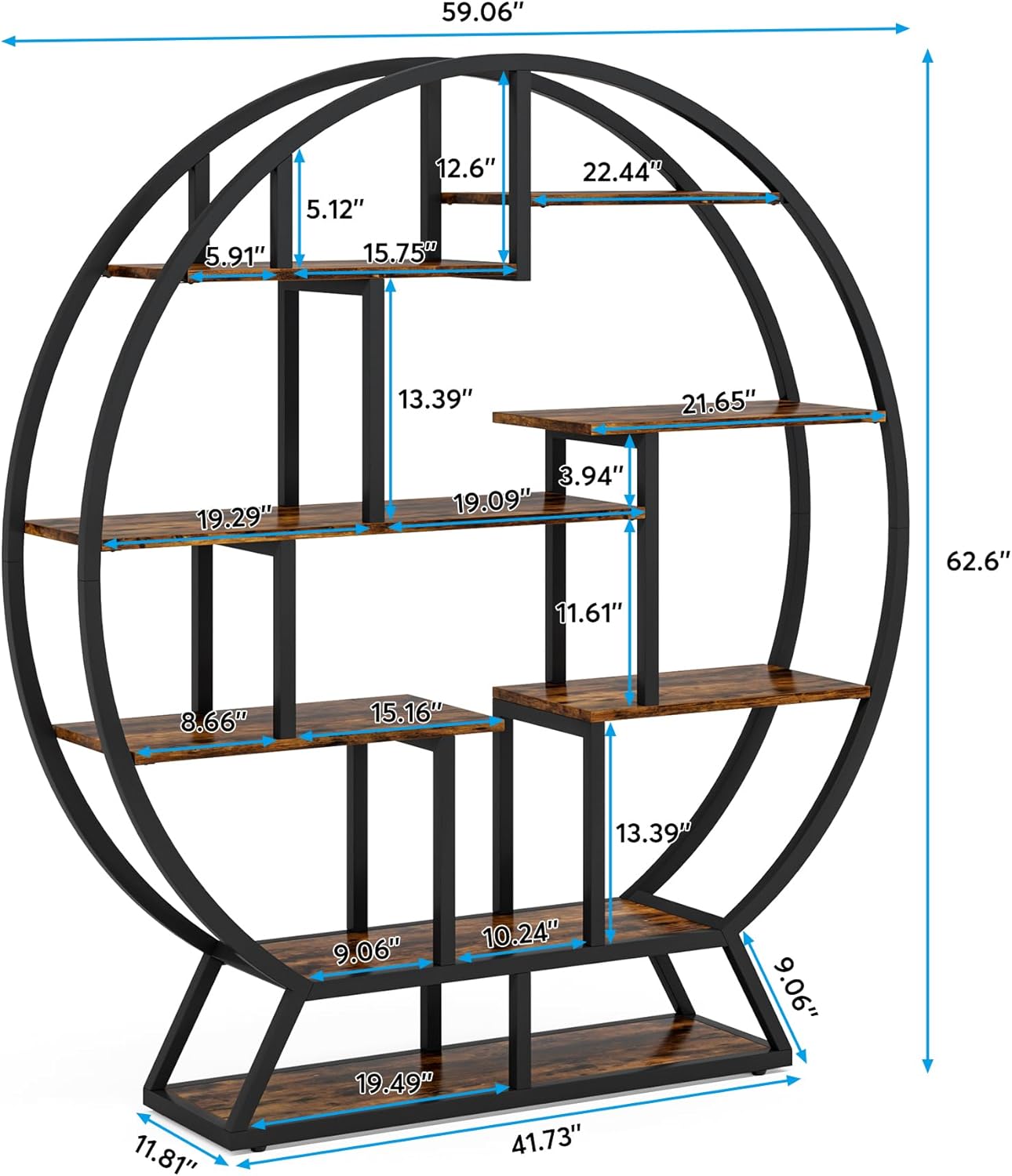 Round Bookshelf, 63 Inch Etagere Bookcase with Staggered Shelves