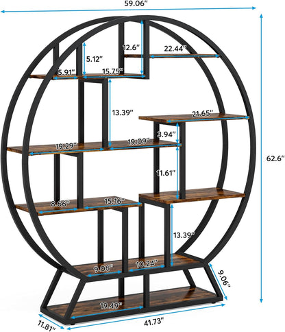 Round Bookshelf, 63 Inch Etagere Bookcase with Staggered Shelves