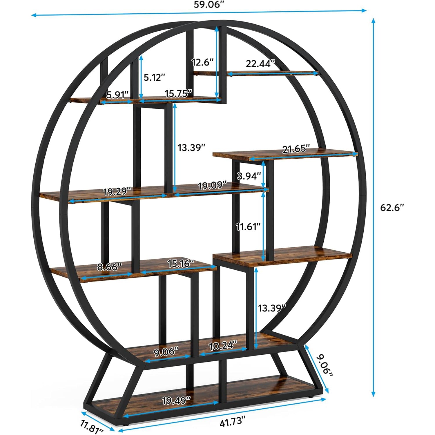 Round Bookshelf, 63 Inch Etagere Bookcase with Staggered Shelves