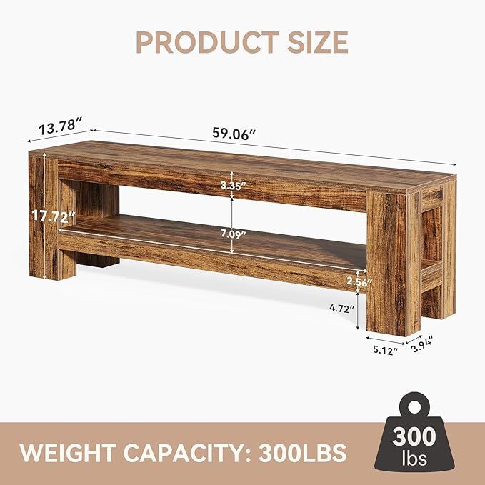 Tribesigns 59" Wooden Dining Bench, Farmhouse Storage Bench for Dining Room