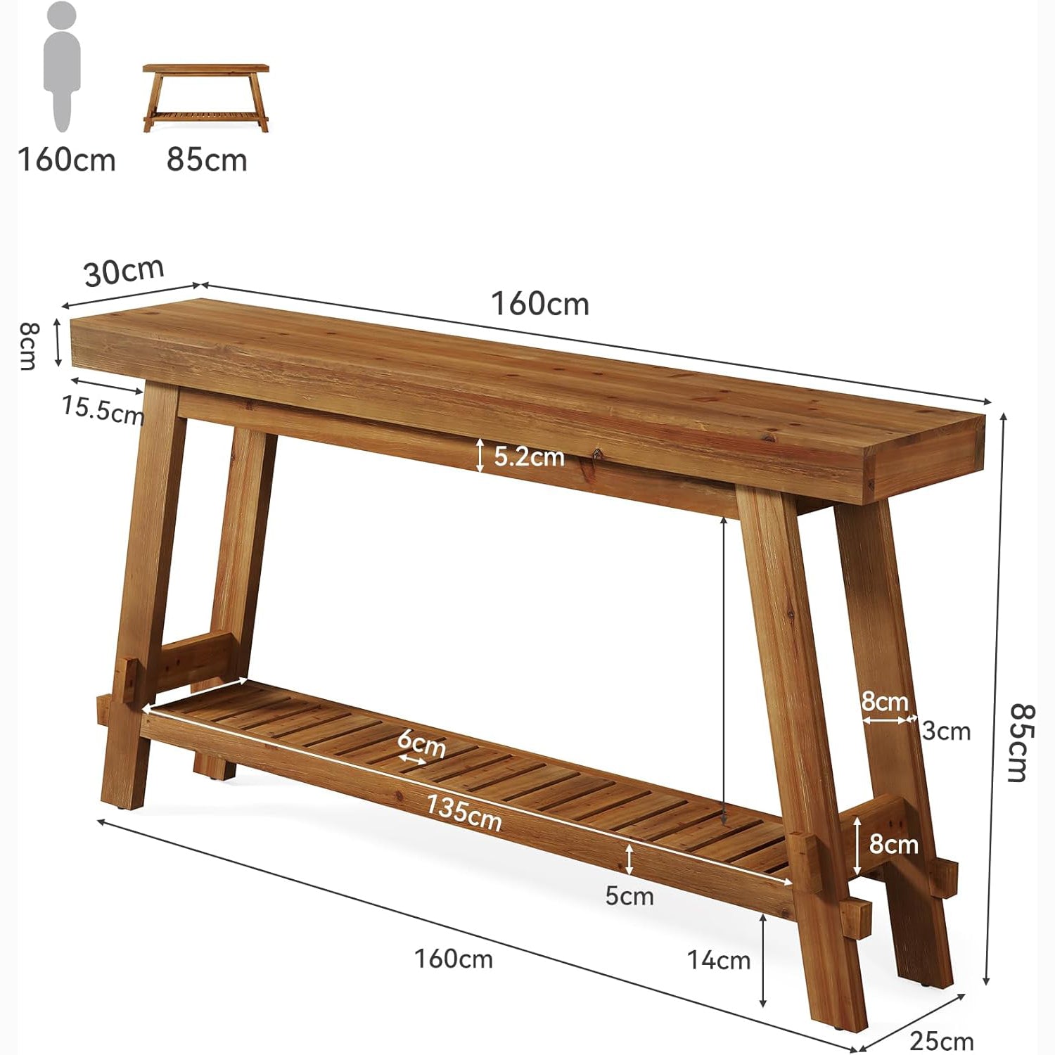 Solid Wood Console Table with Storage, Farmhouse 2-Tier Narrow Sofa Table for Living Room