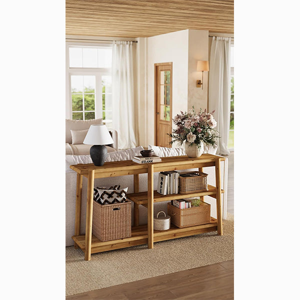 Solid Wood Console Table 63", Three-Tier Farmhouse Sofa Table with Storage