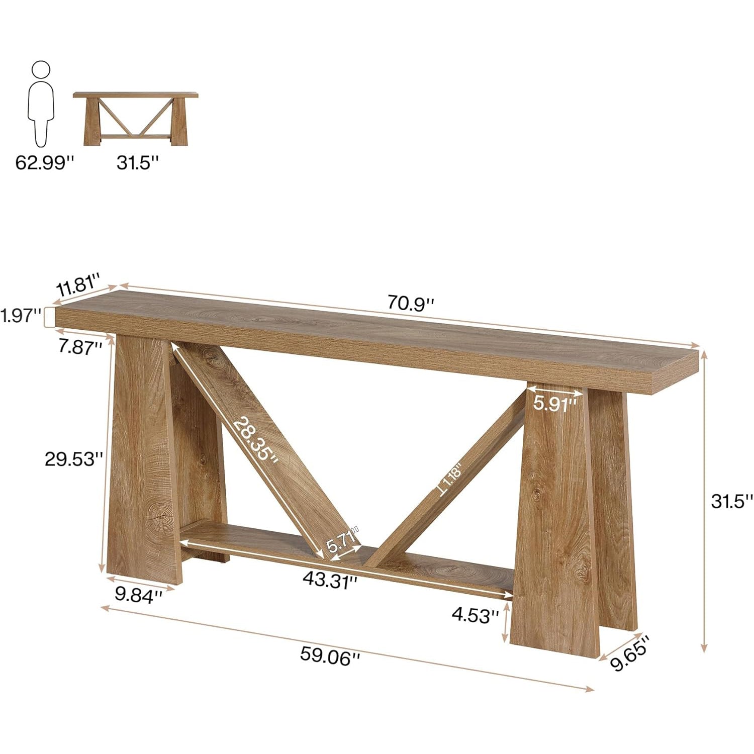 70.9" Rustic Farmhouse Console Table - Entryway Sofa Table with Dual Shelves