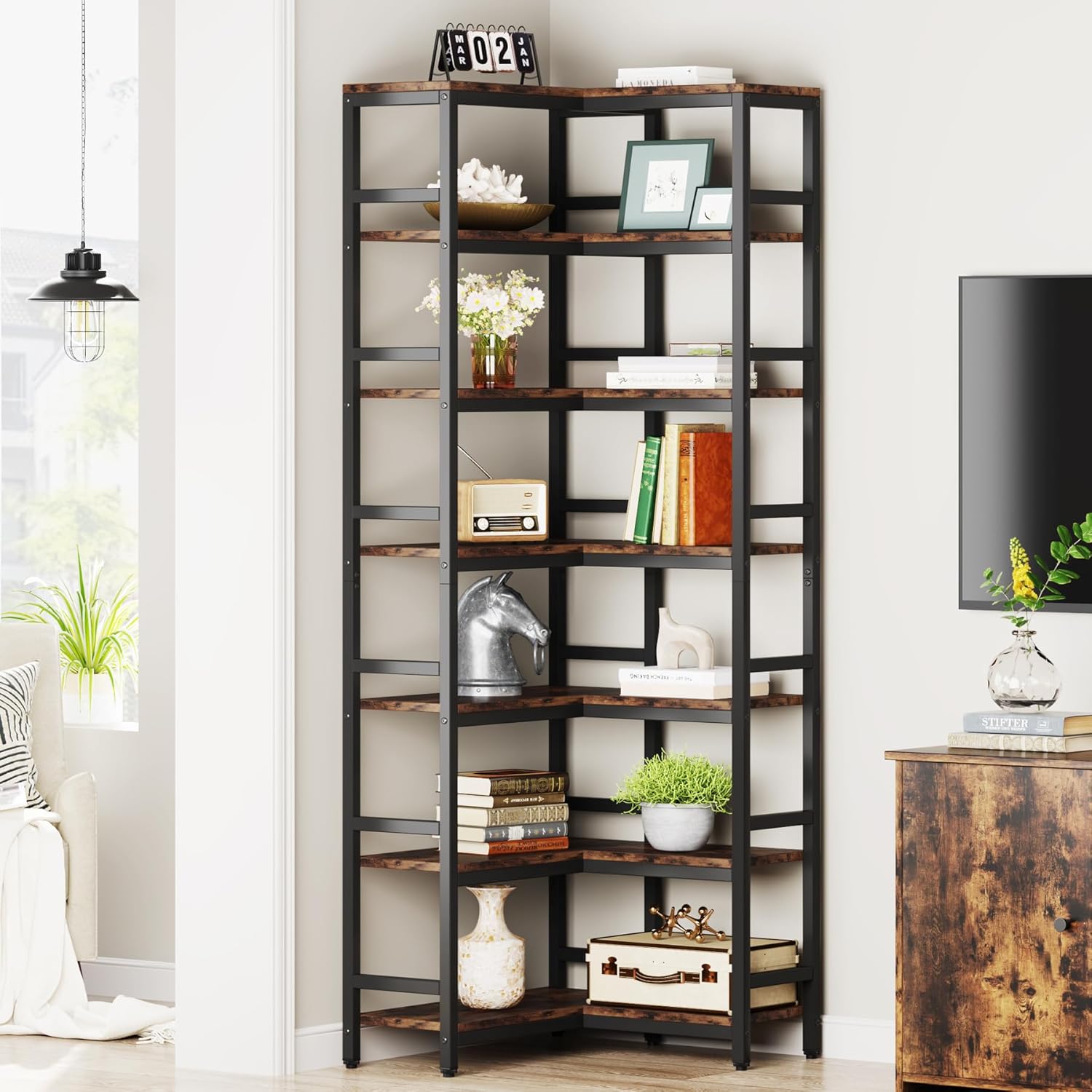 Industrial Corner Bookshelf, 7-Tier Bookcase Etagere Display Rack