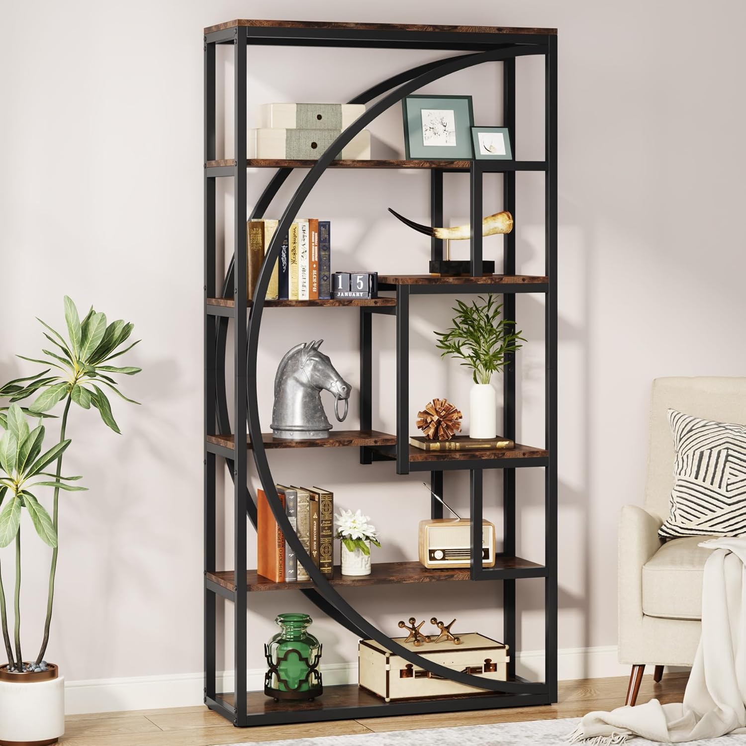 70.8" Industrial Bookshelf, 5-Tier Open Bookcase for Home Office and Living Room in Rustic Brown