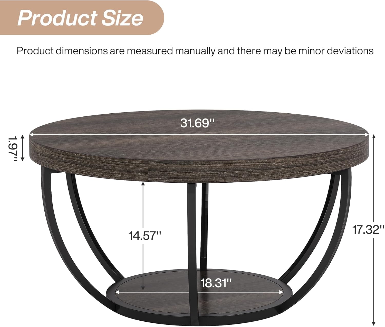Round Wooden Coffee Table with 2-Tier Shelves