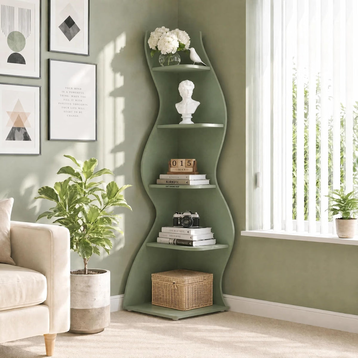 69.9" Tall Corner Shelf, 5-Tier Wavy Display Shelf for Plants & Decor