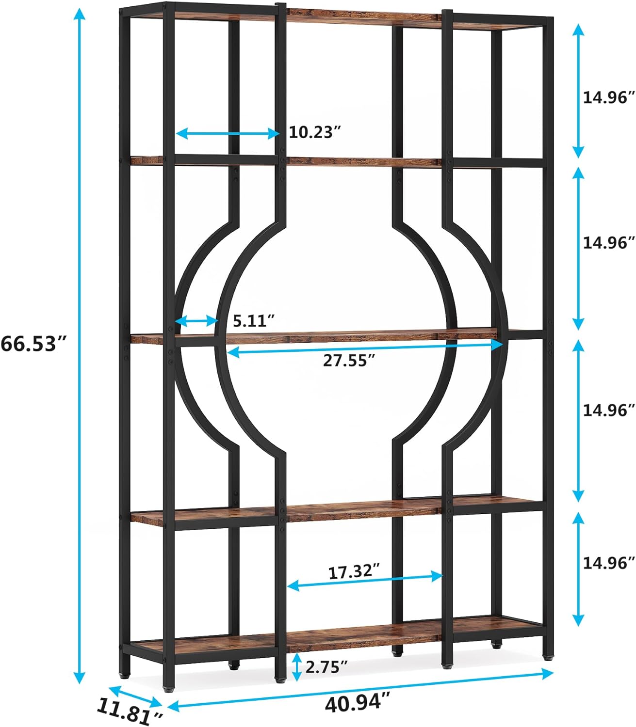 Industrial 5-Tier Bookshelf for Home Office, Modern Bookcase Shelving Unit