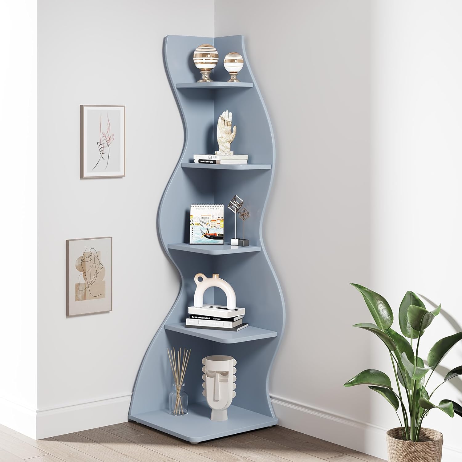 Modern 5-Tier Wall Corner Bookshelf Bookcase