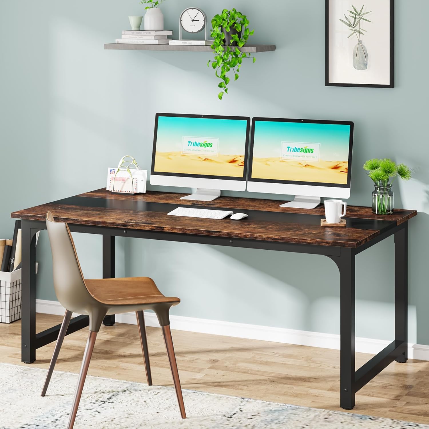 Modern Large Desk, 63 x 31.5 Inch Office Writing Workstation in Rustic and Black