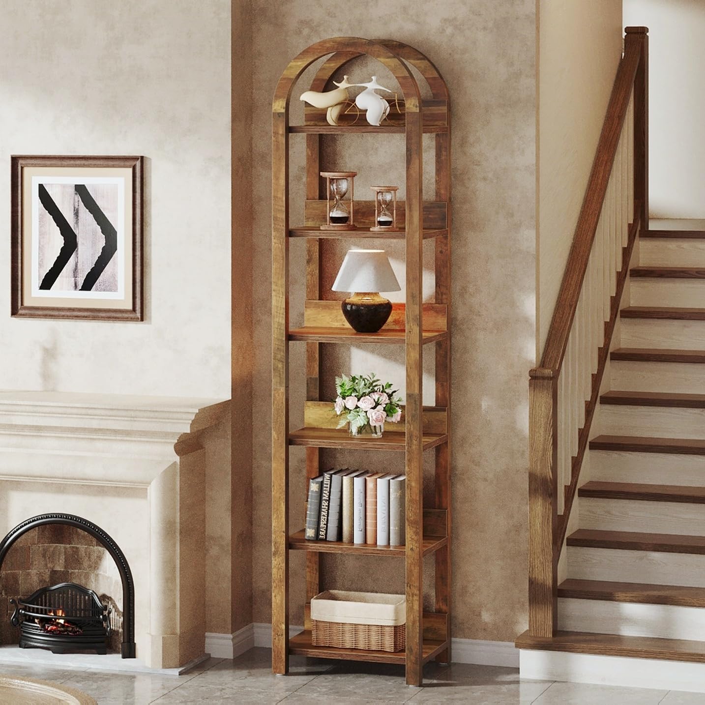 70.87-Inch 6-Tier Narrow Bookshelf with Arched Top, Tall Slim Bookcase