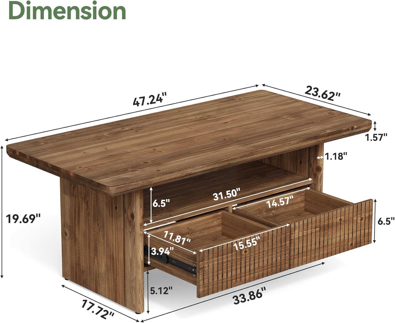 47.24" Solid Wood Coffee Table with Storage, Modern Fluted Two-Tier for Living Room