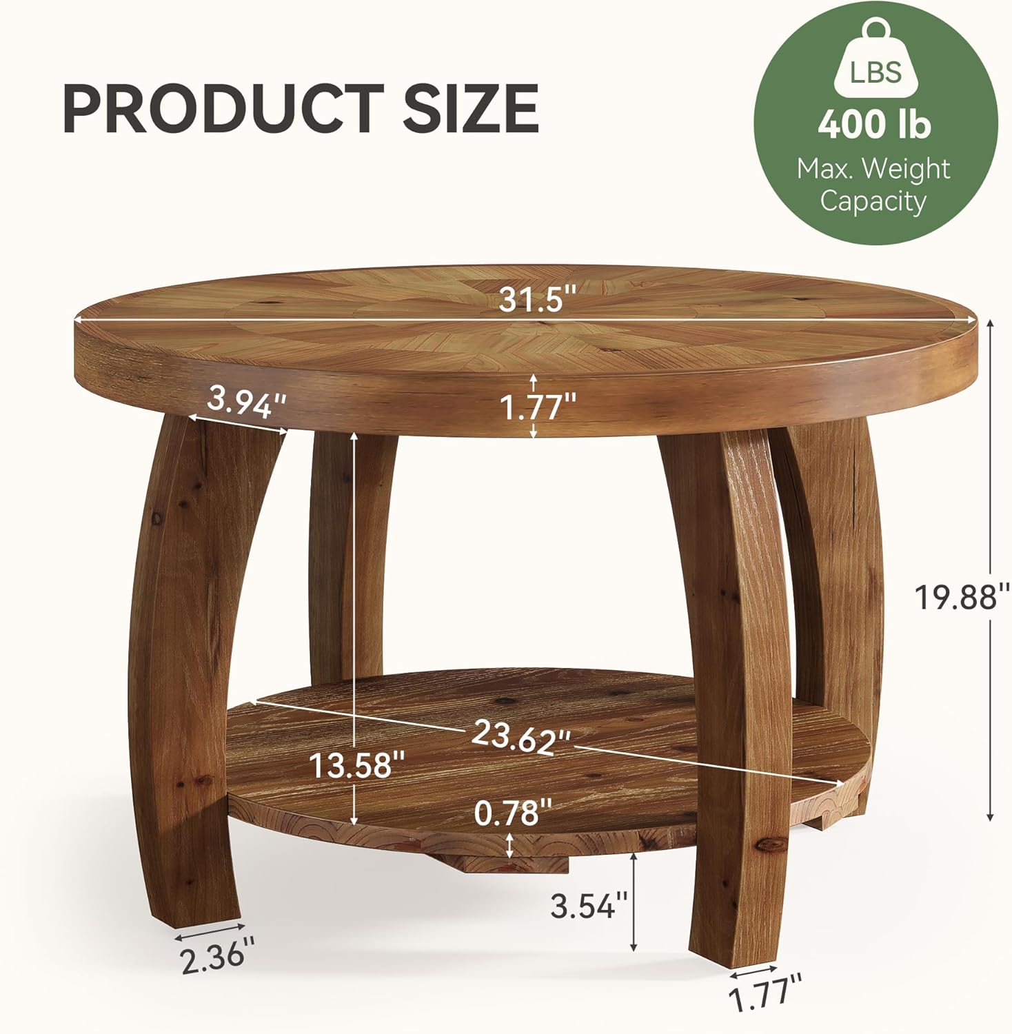 31.5-Inch Solid Wood Round Coffee Table, 2-Tier Center Table with Mosaic Pattern and Storage