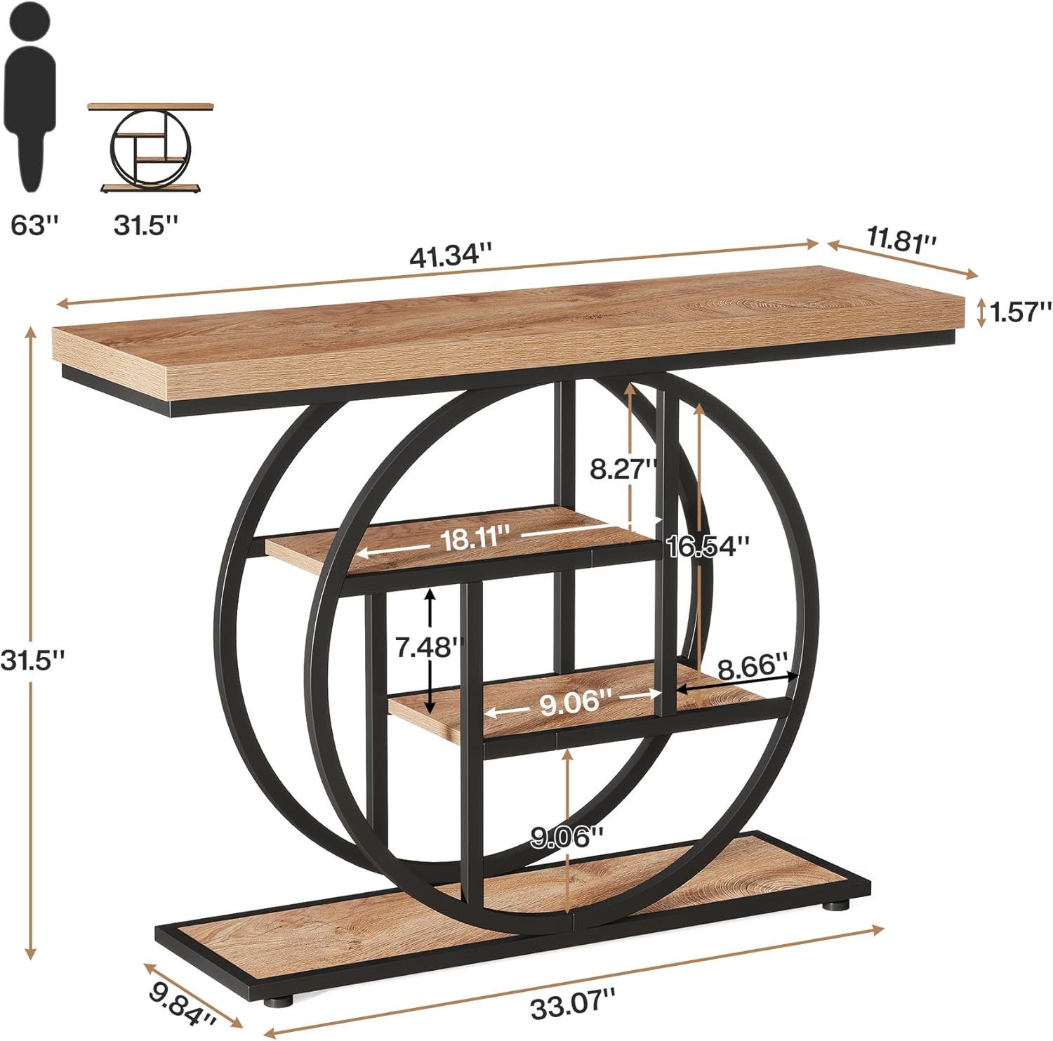 41.3" Console Table, Industrial 4-Tier Sofa Entryway Table with Circle Base