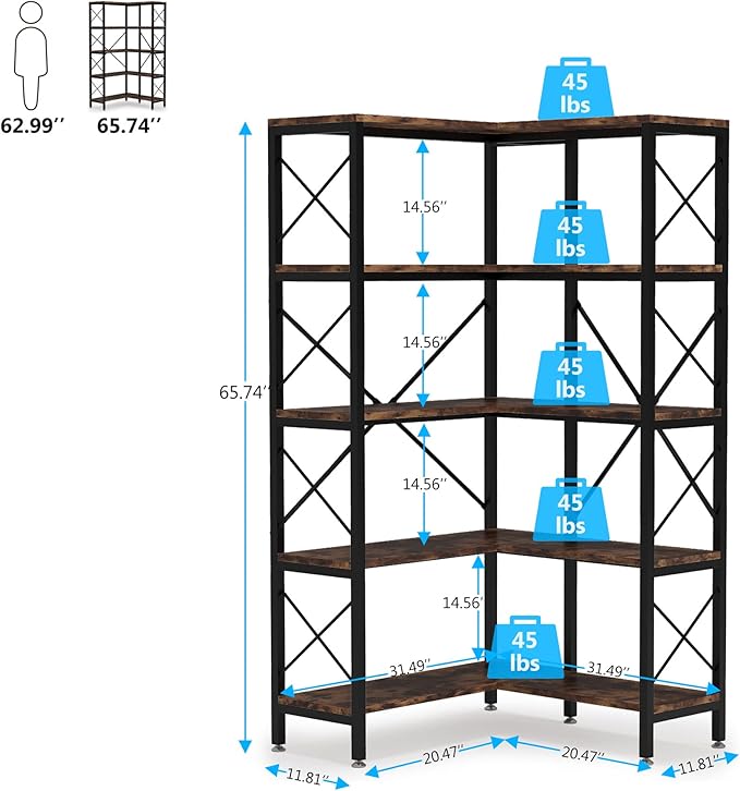 5-Tier Corner Bookshelf, 65.7-Inch Tall Etagere Bookcase Display Rack