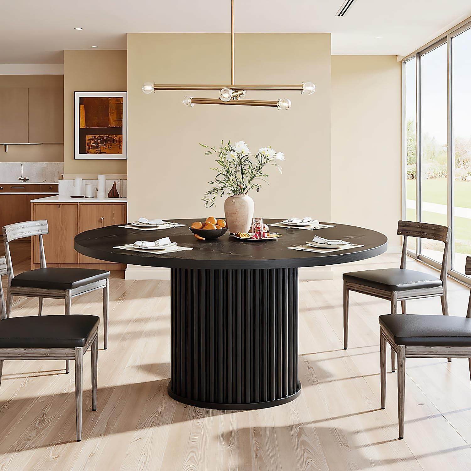 47" Round Dining Table for 4–6 People, Modern Farmhouse Kitchen Table with Fluted Pedestal Base