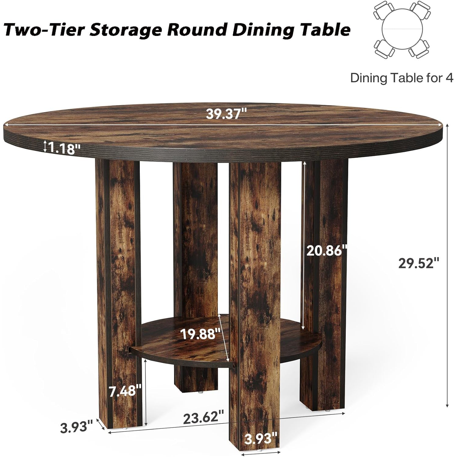39.4" Round Dining Table - 4-Person Table with Storage Shelf
