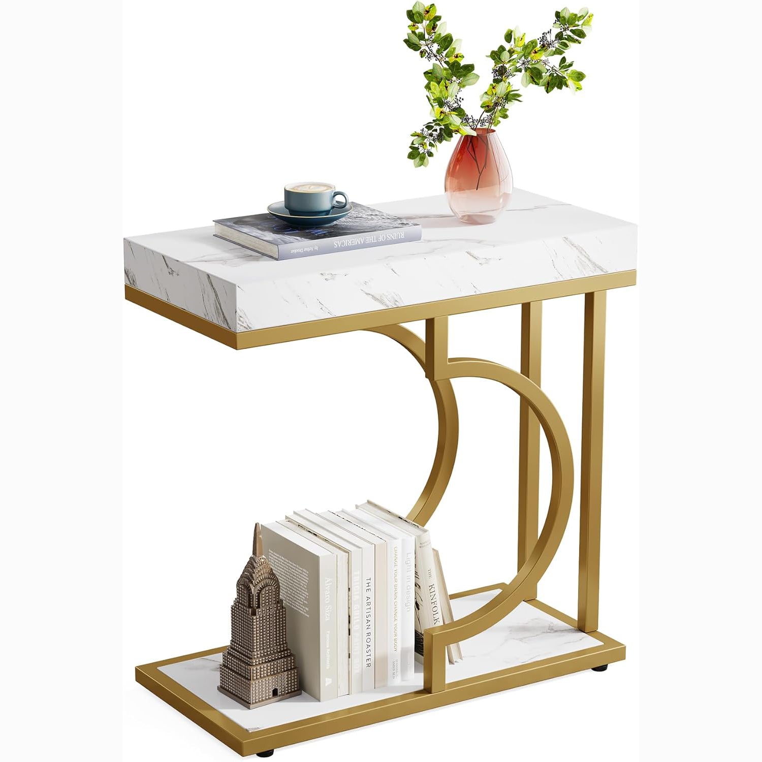24" Modern C-Shaped Side Table - White & Gold Narrow End Table with Metal Frame