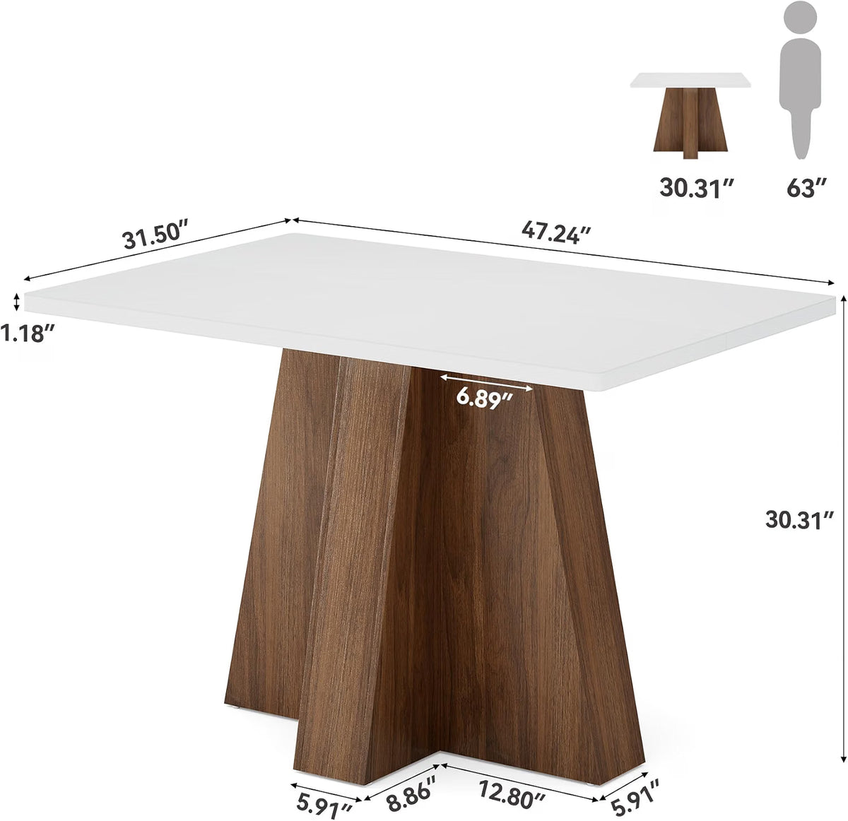 Tribesigns 47 Inch Rectangular Dining Table for 4-6, White Tabletop with Walnut Wood Base for Kitchen and Dining Room