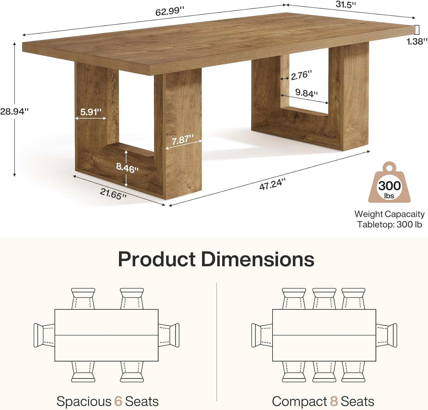 Tribesigns 63-Inch Farmhouse Dining Table for 4-6 People, Rectangular Kitchen Table with Heavy Duty Legs for Dining Room
