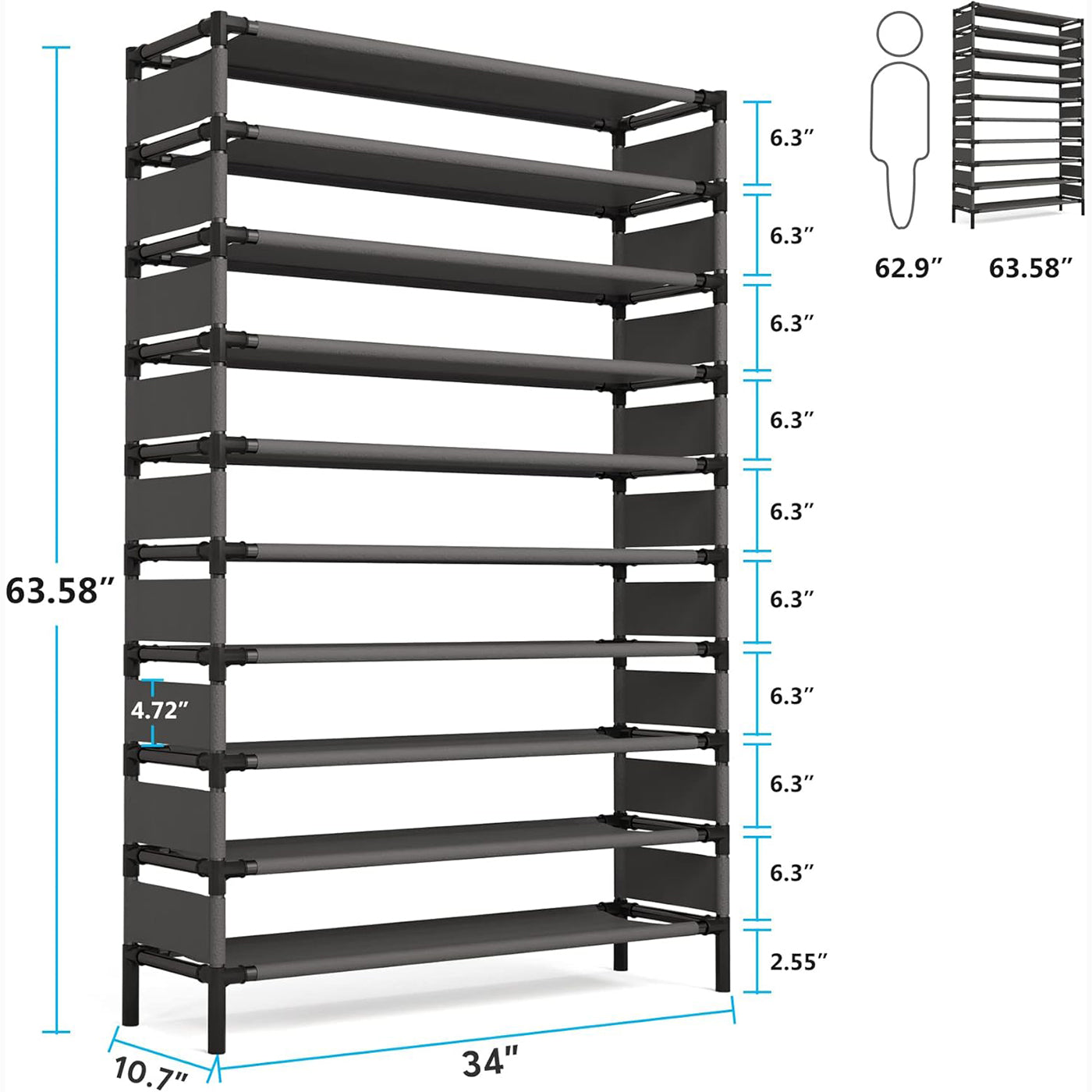 34" 10-Tier Large Shoe Rack - Holds 50 Pairs, Extra Wide Storage Organizer Shelf