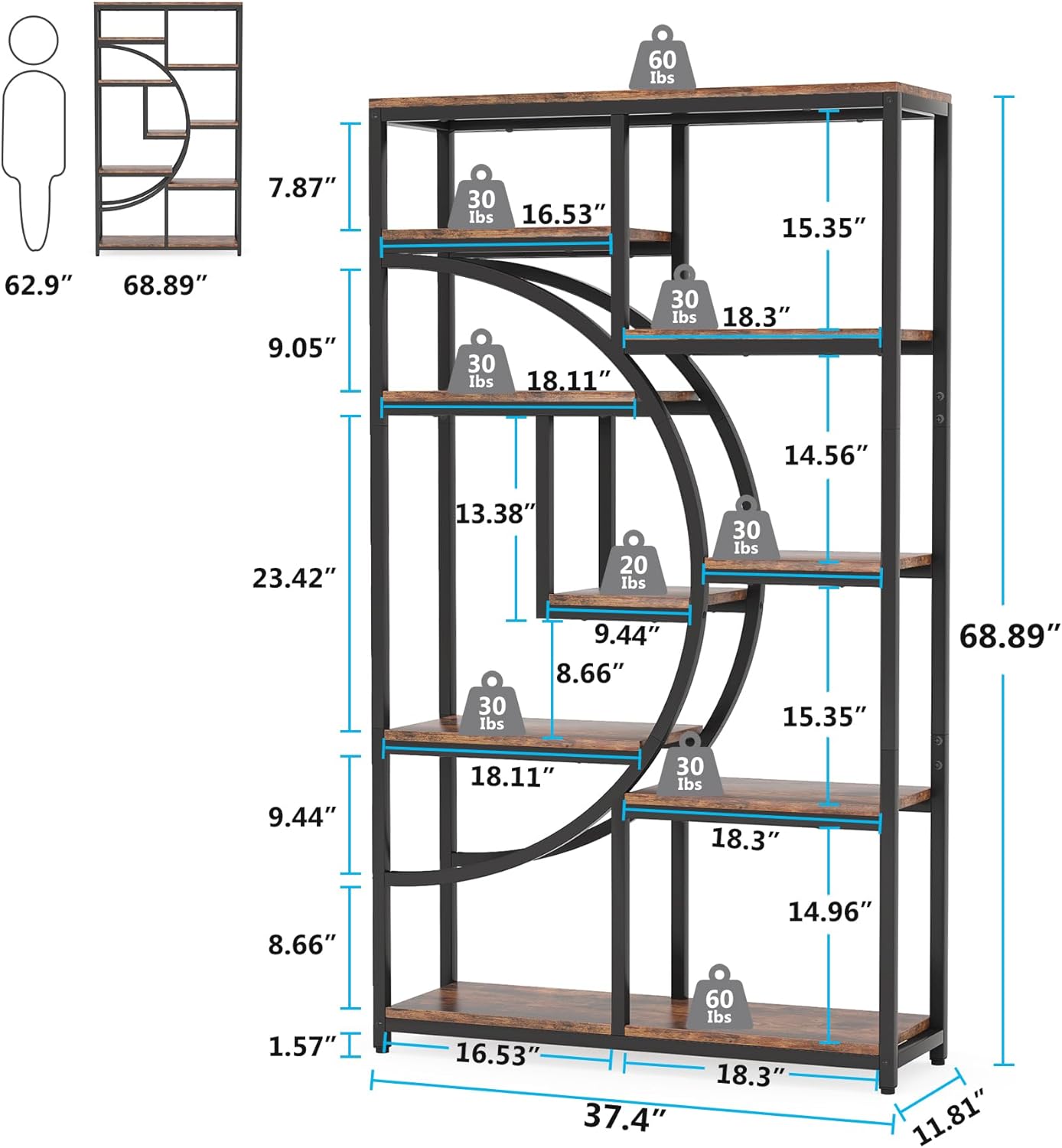 Tribesigns 5-Tier Industrial Bookshelf for Living Room, Bedroom, Home Office - Display Shelf with 9 Open Storage Shelves