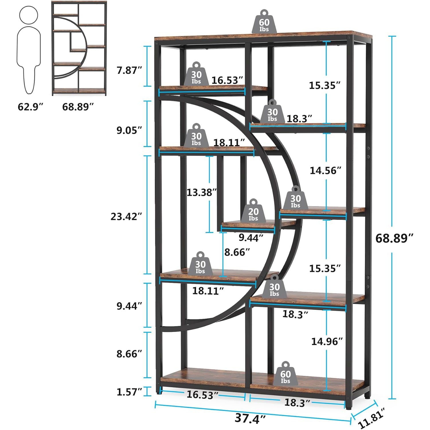 37.4 Inch 5-Tier Industrial Bookshelf for Living Room, Bedroom, Home Office