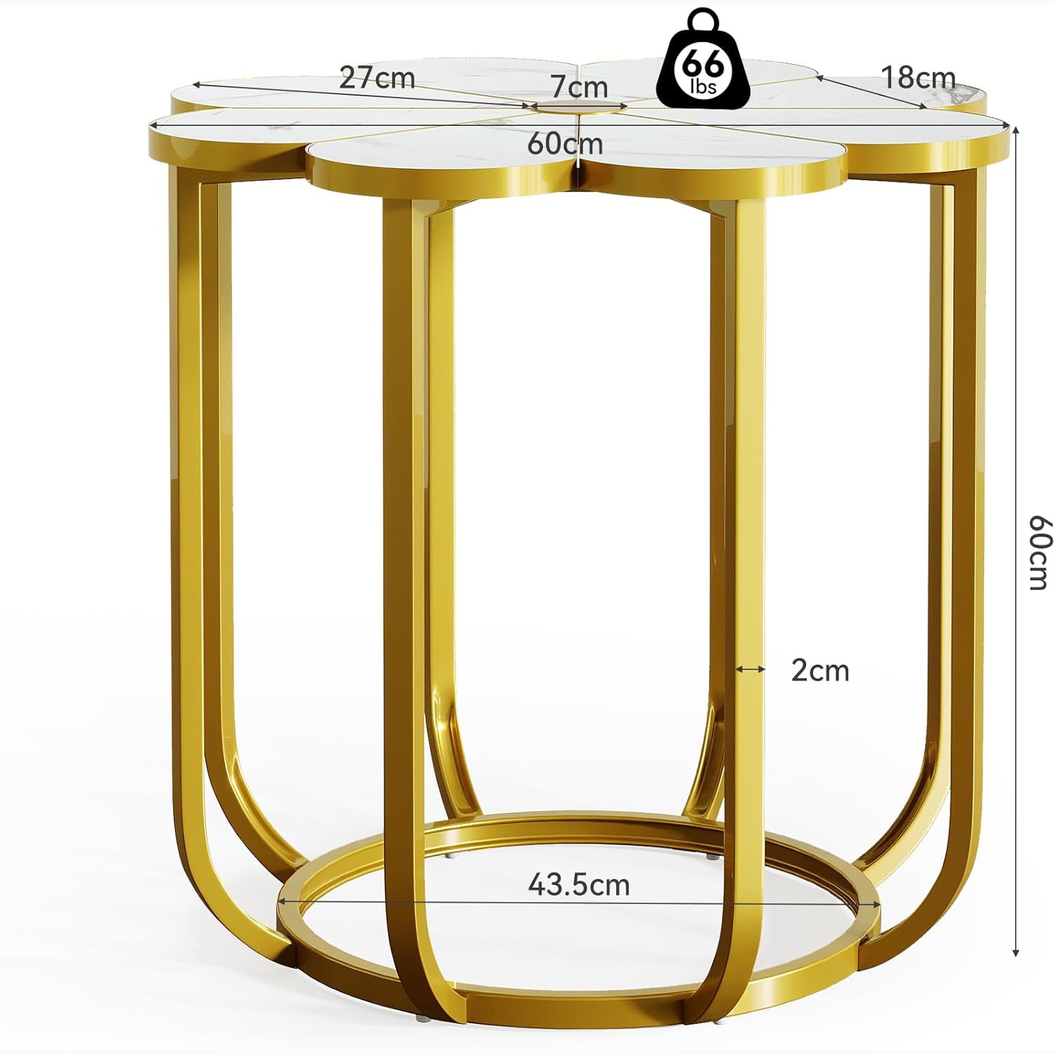 23.6-Inch Flower Side Table, Modern Faux Marble End Table with Gold Metal Frame